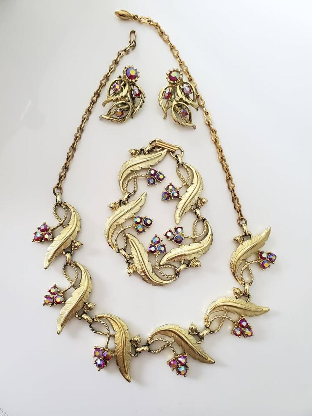 Vintage Judy Lee Designer AB Pink Crystal Leaf Jewelry Set